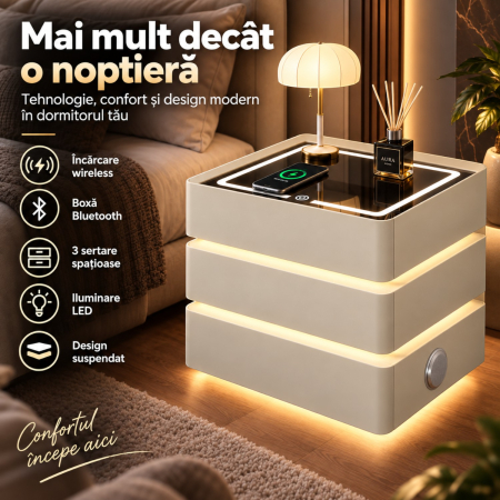Noptiera Multifunctionala cu 3 Sertare, Design Suspendat, Incarcare Wireless si Boxa Bluetooth, Iluminare LED Ambientala Tricolora, 50x40x62cm, Bej [11]