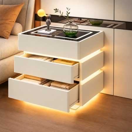 Noptiera Multifunctionala cu 3 Sertare, Design Suspendat, Incarcare Wireless si Boxa Bluetooth, Iluminare LED Ambientala Tricolora, 50x40x62cm, Bej [1]