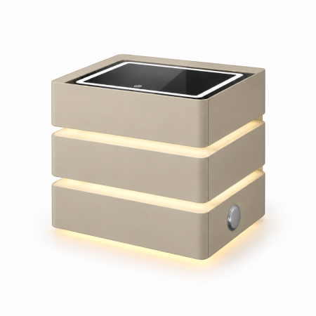 Mobila dormitor - Noptiera Multifunctionala cu 3 Sertare, Design Suspendat, Incarcare Wireless si Boxa Bluetooth, Iluminare LED Ambientala Tricolora, 50x40x62cm, Bej