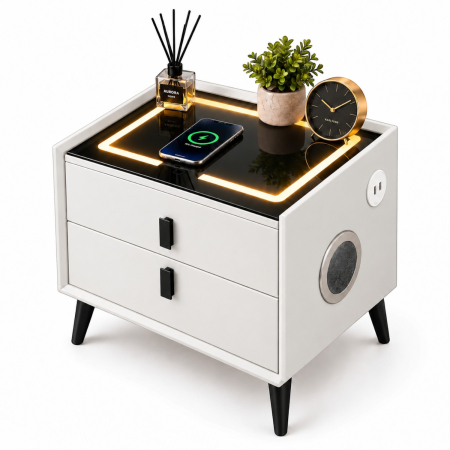 Mobila dormitor - Noptiera Multifunctionala cu 2 Sertare, Incarcare Wireless si Boxa Bluetooth, Afisaj LED Tactil cu 3 Culori si 2 Porturi USB, 50x40x46cm, Alb