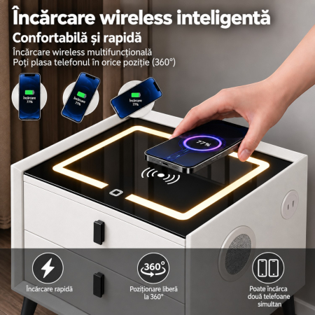 Noptiera Multifunctionala cu 2 Sertare, Incarcare Wireless si Boxa Bluetooth, Afisaj LED Tactil cu 3 Culori si 2 Porturi USB, 50x40x46cm, Alb [5]