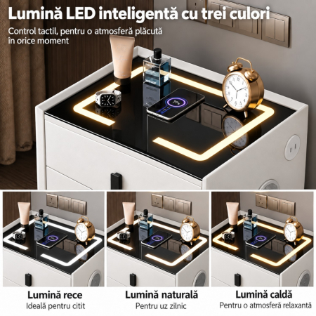 Noptiera Multifunctionala cu 2 Sertare, Incarcare Wireless si Boxa Bluetooth, Afisaj LED Tactil cu 3 Culori si 2 Porturi USB, 50x40x46cm, Alb [8]
