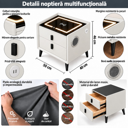 Noptiera Multifunctionala cu 2 Sertare, Incarcare Wireless si Boxa Bluetooth, Afisaj LED Tactil cu 3 Culori si 2 Porturi USB, 50x40x46cm, Alb [10]