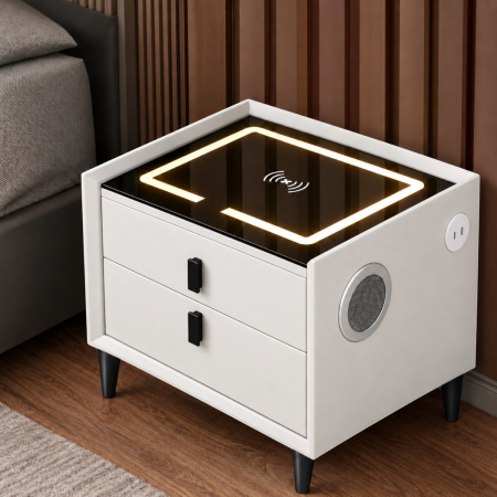 Noptiera Multifunctionala cu 2 Sertare, Incarcare Wireless si Boxa Bluetooth, Afisaj LED Tactil cu 3 Culori si 2 Porturi USB, 50x40x46cm, Alb [4]