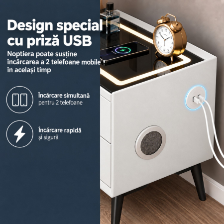 Noptiera Multifunctionala cu 2 Sertare, Incarcare Wireless si Boxa Bluetooth, Afisaj LED Tactil cu 3 Culori si 2 Porturi USB, 50x40x46cm, Alb [6]