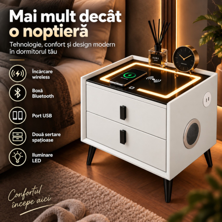 Noptiera Multifunctionala cu 2 Sertare, Incarcare Wireless si Boxa Bluetooth, Afisaj LED Tactil cu 3 Culori si 2 Porturi USB, 50x40x46cm, Alb [12]