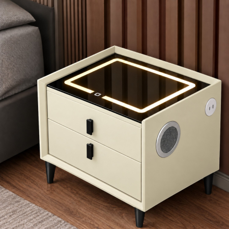 Noptiera Multifunctionala cu 2 Sertare, Incarcare Wireless si Boxa Bluetooth, Afisaj LED Tactil cu 3 Culori si 2 Porturi USB, 50x40x46cm, Bej [4]