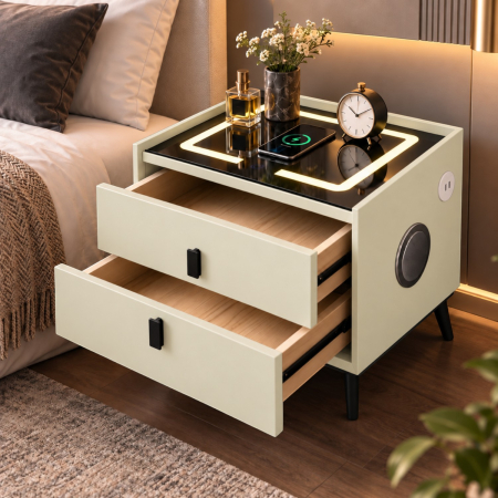 Noptiera Multifunctionala cu 2 Sertare, Incarcare Wireless si Boxa Bluetooth, Afisaj LED Tactil cu 3 Culori si 2 Porturi USB, 50x40x46cm, Bej [1]