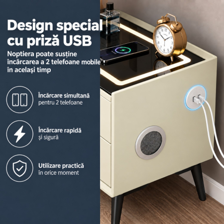 Noptiera Multifunctionala cu 2 Sertare, Incarcare Wireless si Boxa Bluetooth, Afisaj LED Tactil cu 3 Culori si 2 Porturi USB, 50x40x46cm, Bej [6]