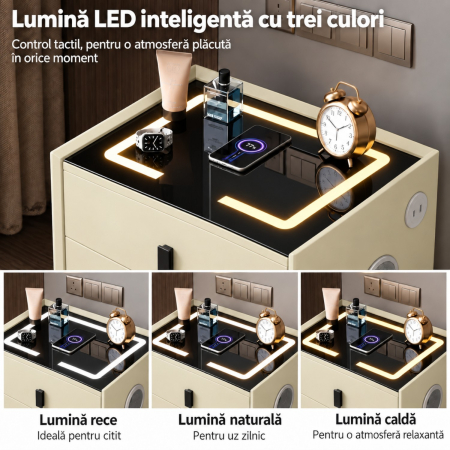 Noptiera Multifunctionala cu 2 Sertare, Incarcare Wireless si Boxa Bluetooth, Afisaj LED Tactil cu 3 Culori si 2 Porturi USB, 50x40x46cm, Bej [8]