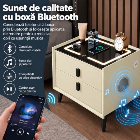 Noptiera Multifunctionala cu 2 Sertare, Incarcare Wireless si Boxa Bluetooth, Afisaj LED Tactil cu 3 Culori si 2 Porturi USB, 50x40x46cm, Bej [7]