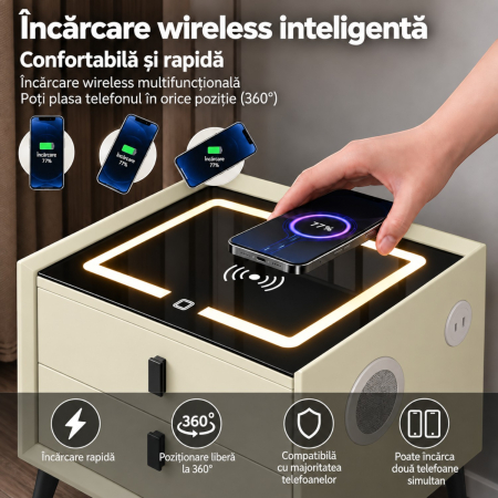 Noptiera Multifunctionala cu 2 Sertare, Incarcare Wireless si Boxa Bluetooth, Afisaj LED Tactil cu 3 Culori si 2 Porturi USB, 50x40x46cm, Bej [5]