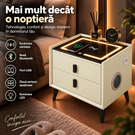 Noptiera Multifunctionala cu 2 Sertare, Incarcare Wireless si Boxa Bluetooth, Afisaj LED Tactil cu 3 Culori si 2 Porturi USB, 50x40x46cm, Bej [12]