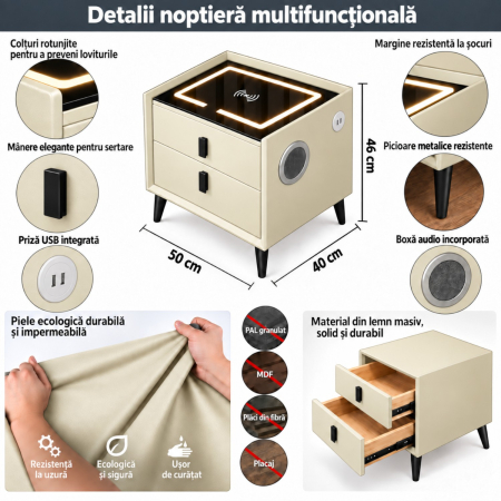 Noptiera Multifunctionala cu 2 Sertare, Incarcare Wireless si Boxa Bluetooth, Afisaj LED Tactil cu 3 Culori si 2 Porturi USB, 50x40x46cm, Bej [10]