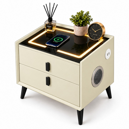 Mobila dormitor - Noptiera Multifunctionala cu 2 Sertare, Incarcare Wireless si Boxa Bluetooth, Afisaj LED Tactil cu 3 Culori si 2 Porturi USB, 50x40x46cm, Bej