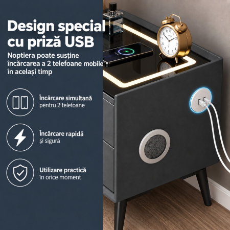 Noptiera Multifunctionala cu 2 Sertare, Incarcare Wireless si Boxa Bluetooth, Afisaj LED Tactil cu 3 Culori si 2 Porturi USB, 50x40x46cm, Gri Antracit [6]