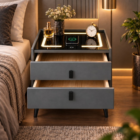 Noptiera Multifunctionala cu 2 Sertare, Incarcare Wireless si Boxa Bluetooth, Afisaj LED Tactil cu 3 Culori si 2 Porturi USB, 50x40x46cm, Gri Antracit [2]