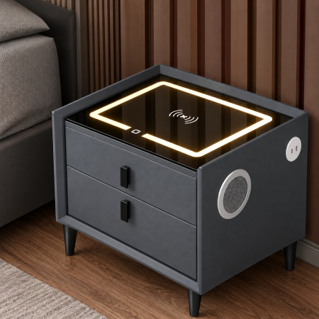 Noptiera Multifunctionala cu 2 Sertare, Incarcare Wireless si Boxa Bluetooth, Afisaj LED Tactil cu 3 Culori si 2 Porturi USB, 50x40x46cm, Gri Antracit [4]