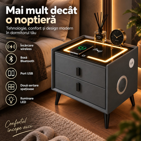 Noptiera Multifunctionala cu 2 Sertare, Incarcare Wireless si Boxa Bluetooth, Afisaj LED Tactil cu 3 Culori si 2 Porturi USB, 50x40x46cm, Gri Antracit [12]