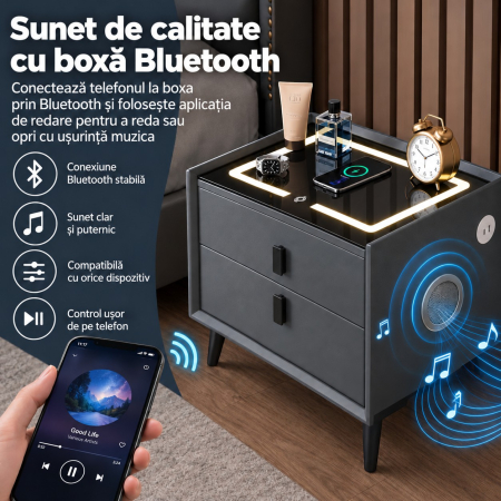 Noptiera Multifunctionala cu 2 Sertare, Incarcare Wireless si Boxa Bluetooth, Afisaj LED Tactil cu 3 Culori si 2 Porturi USB, 50x40x46cm, Gri Antracit [7]