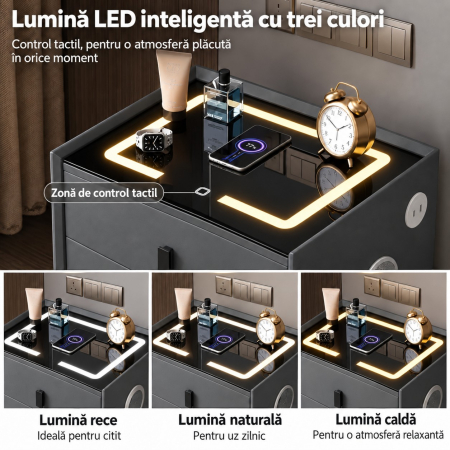 Noptiera Multifunctionala cu 2 Sertare, Incarcare Wireless si Boxa Bluetooth, Afisaj LED Tactil cu 3 Culori si 2 Porturi USB, 50x40x46cm, Gri Antracit [8]