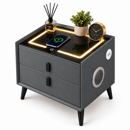 Mobila dormitor - Noptiera Multifunctionala cu 2 Sertare, Incarcare Wireless si Boxa Bluetooth, Afisaj LED Tactil cu 3 Culori si 2 Porturi USB, 50x40x46cm, Gri Antracit