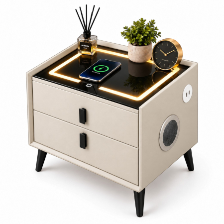 Mobila dormitor - Noptiera Multifunctionala cu 2 Sertare, Incarcare Wireless si Boxa Bluetooth, Afisaj LED Tactil cu 3 Culori si 2 Porturi USB, 50x40x46cm, Gri Deschis