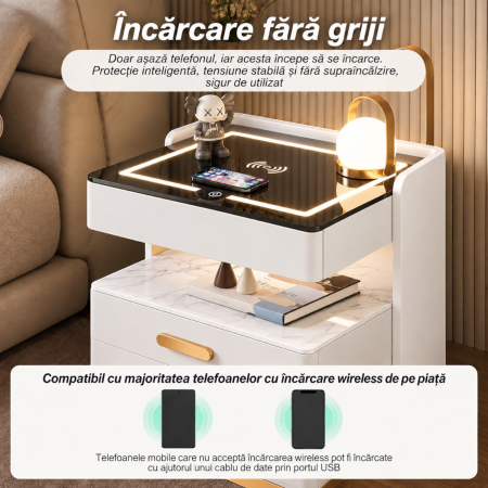 Noptiera Multifunctionala cu 2 Sertare, Spatiu de Depozitare, Blat din Piatra Sinterizata, Incarcare Wireless, Boxa Bluetooth, Port USB, Lumina de Noapte cu Senzor, 56x40x50cm, Alb [3]