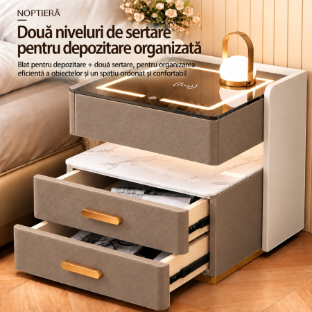 Noptiera Multifunctionala cu 2 Sertare, Spatiu de Depozitare, Blat din Piatra Sinterizata, Incarcare Wireless, Boxa Bluetooth, Port USB, Lumina de Noapte cu Senzor, 56x40x50cm, Maro [9]