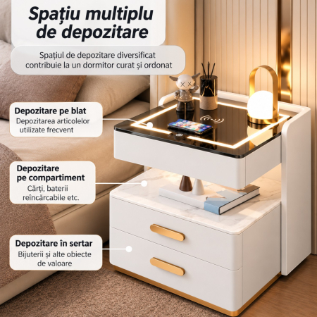 Noptiera Multifunctionala cu 2 Sertare, Spatiu de Depozitare, Blat din Piatra Sinterizata, Incarcare Wireless, Boxa Bluetooth, Port USB, Lumina de Noapte cu Senzor, 56x40x50cm, Alb [8]