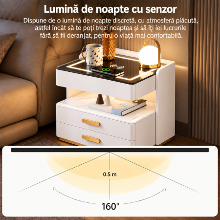 Noptiera Multifunctionala cu 2 Sertare, Spatiu de Depozitare, Blat din Piatra Sinterizata, Incarcare Wireless, Boxa Bluetooth, Port USB, Lumina de Noapte cu Senzor, 56x40x50cm, Alb [4]