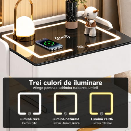 Noptiera Multifunctionala cu 2 Sertare, Spatiu de Depozitare, Blat din Piatra Sinterizata, Incarcare Wireless, Boxa Bluetooth, Port USB, Lumina de Noapte cu Senzor, 56x40x50cm, Alb [5]