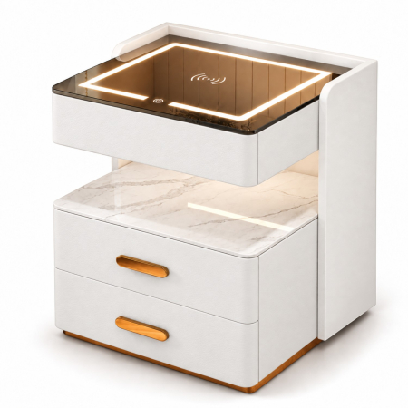 Mobila dormitor - Noptiera Multifunctionala cu 2 Sertare, Spatiu de Depozitare, Blat din Piatra Sinterizata, Incarcare Wireless, Boxa Bluetooth, Port USB, Lumina de Noapte cu Senzor, 56x40x50cm, Alb