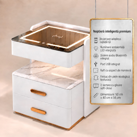 Noptiera Multifunctionala cu 2 Sertare, Spatiu de Depozitare, Blat din Piatra Sinterizata, Incarcare Wireless, Boxa Bluetooth, Port USB, Lumina de Noapte cu Senzor, 56x40x50cm, Alb [1]