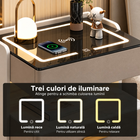 Noptiera Multifunctionala cu 2 Sertare, Spatiu de Depozitare, Blat din Piatra Sinterizata, Incarcare Wireless, Boxa Bluetooth, Port USB, Lumina de Noapte cu Senzor, 56x40x50cm, Maro [5]