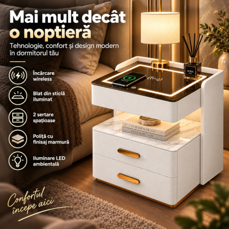 Noptiera Multifunctionala cu 2 Sertare, Spatiu de Depozitare, Blat din Piatra Sinterizata, Incarcare Wireless, Boxa Bluetooth, Port USB, Lumina de Noapte cu Senzor, 56x40x50cm, Alb [14]