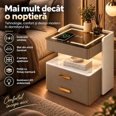 Noptiera Multifunctionala cu 2 Sertare, Spatiu de Depozitare, Blat din Piatra Sinterizata, Incarcare Wireless, Boxa Bluetooth, Port USB, Lumina de Noapte cu Senzor, 56x40x50cm, Maro [14]