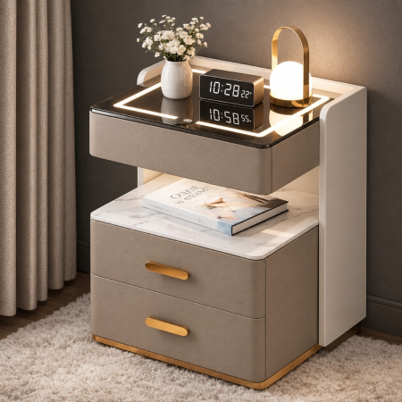 Noptiera Multifunctionala cu 2 Sertare, Spatiu de Depozitare, Blat din Piatra Sinterizata, Incarcare Wireless, Boxa Bluetooth, Port USB, Lumina de Noapte cu Senzor, 56x40x50cm, Maro [11]