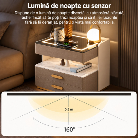 Noptiera Multifunctionala cu 2 Sertare, Spatiu de Depozitare, Blat din Piatra Sinterizata, Incarcare Wireless, Boxa Bluetooth, Port USB, Lumina de Noapte cu Senzor, 56x40x50cm, Maro [4]