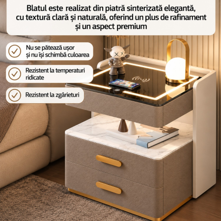 Noptiera Multifunctionala cu 2 Sertare, Spatiu de Depozitare, Blat din Piatra Sinterizata, Incarcare Wireless, Boxa Bluetooth, Port USB, Lumina de Noapte cu Senzor, 56x40x50cm, Maro [6]
