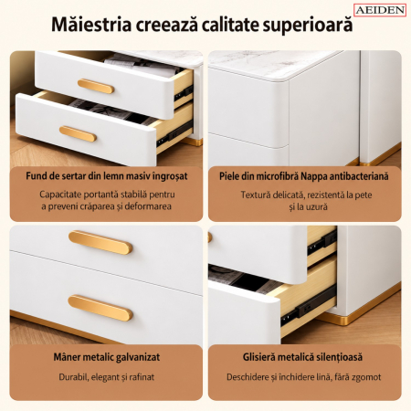 Noptiera Multifunctionala cu 2 Sertare, Spatiu de Depozitare, Blat din Piatra Sinterizata, Incarcare Wireless, Boxa Bluetooth, Port USB, Lumina de Noapte cu Senzor, 56x40x50cm, Alb [10]