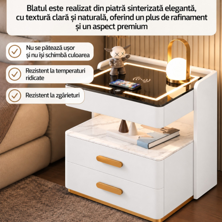 Noptiera Multifunctionala cu 2 Sertare, Spatiu de Depozitare, Blat din Piatra Sinterizata, Incarcare Wireless, Boxa Bluetooth, Port USB, Lumina de Noapte cu Senzor, 56x40x50cm, Alb [6]