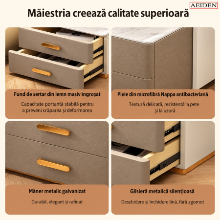 Noptiera Multifunctionala cu 2 Sertare, Spatiu de Depozitare, Blat din Piatra Sinterizata, Incarcare Wireless, Boxa Bluetooth, Port USB, Lumina de Noapte cu Senzor, 56x40x50cm, Maro [10]
