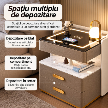 Noptiera Multifunctionala cu 2 Sertare, Spatiu de Depozitare, Blat din Piatra Sinterizata, Incarcare Wireless, Boxa Bluetooth, Port USB, Lumina de Noapte cu Senzor, 56x40x50cm, Maro [8]