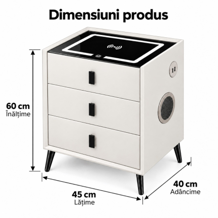 Noptiera Multifunctionala cu 3 Sertare, Incarcare Wireless si Boxa Bluetooth, Afisaj LED Tactil cu 3 Culori si 2 Porturi USB, 45x40x60cm, Alb [11]
