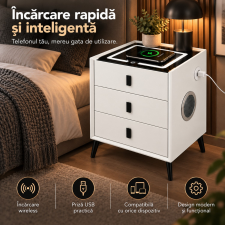 Noptiera Multifunctionala cu 3 Sertare, Incarcare Wireless si Boxa Bluetooth, Afisaj LED Tactil cu 3 Culori si 2 Porturi USB, 45x40x60cm, Alb [7]