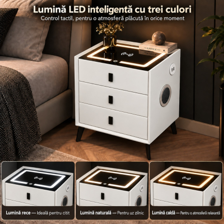 Noptiera Multifunctionala cu 3 Sertare, Incarcare Wireless si Boxa Bluetooth, Afisaj LED Tactil cu 3 Culori si 2 Porturi USB, 45x40x60cm, Alb [8]