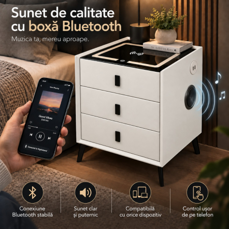 Noptiera Multifunctionala cu 3 Sertare, Incarcare Wireless si Boxa Bluetooth, Afisaj LED Tactil cu 3 Culori si 2 Porturi USB, 45x40x60cm, Alb [6]