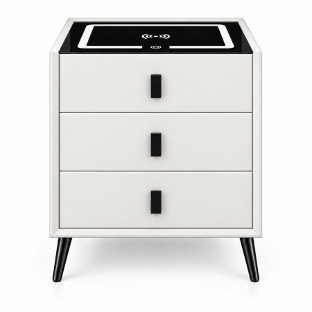 Noptiera Multifunctionala cu 3 Sertare, Incarcare Wireless si Boxa Bluetooth, Afisaj LED Tactil cu 3 Culori si 2 Porturi USB, 45x40x60cm, Alb [1]