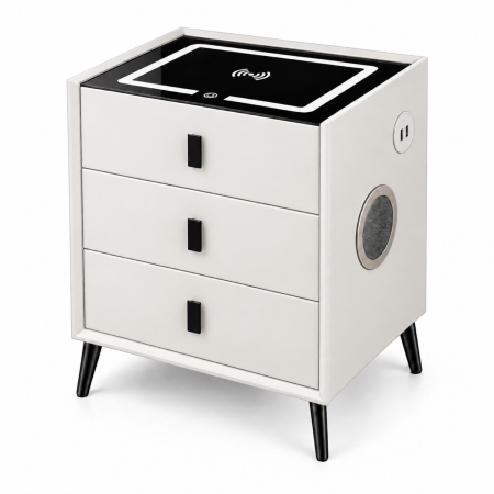 Mobila dormitor - Noptiera Multifunctionala cu 3 Sertare, Incarcare Wireless si Boxa Bluetooth, Afisaj LED Tactil cu 3 Culori si 2 Porturi USB, 45x40x60cm, Alb